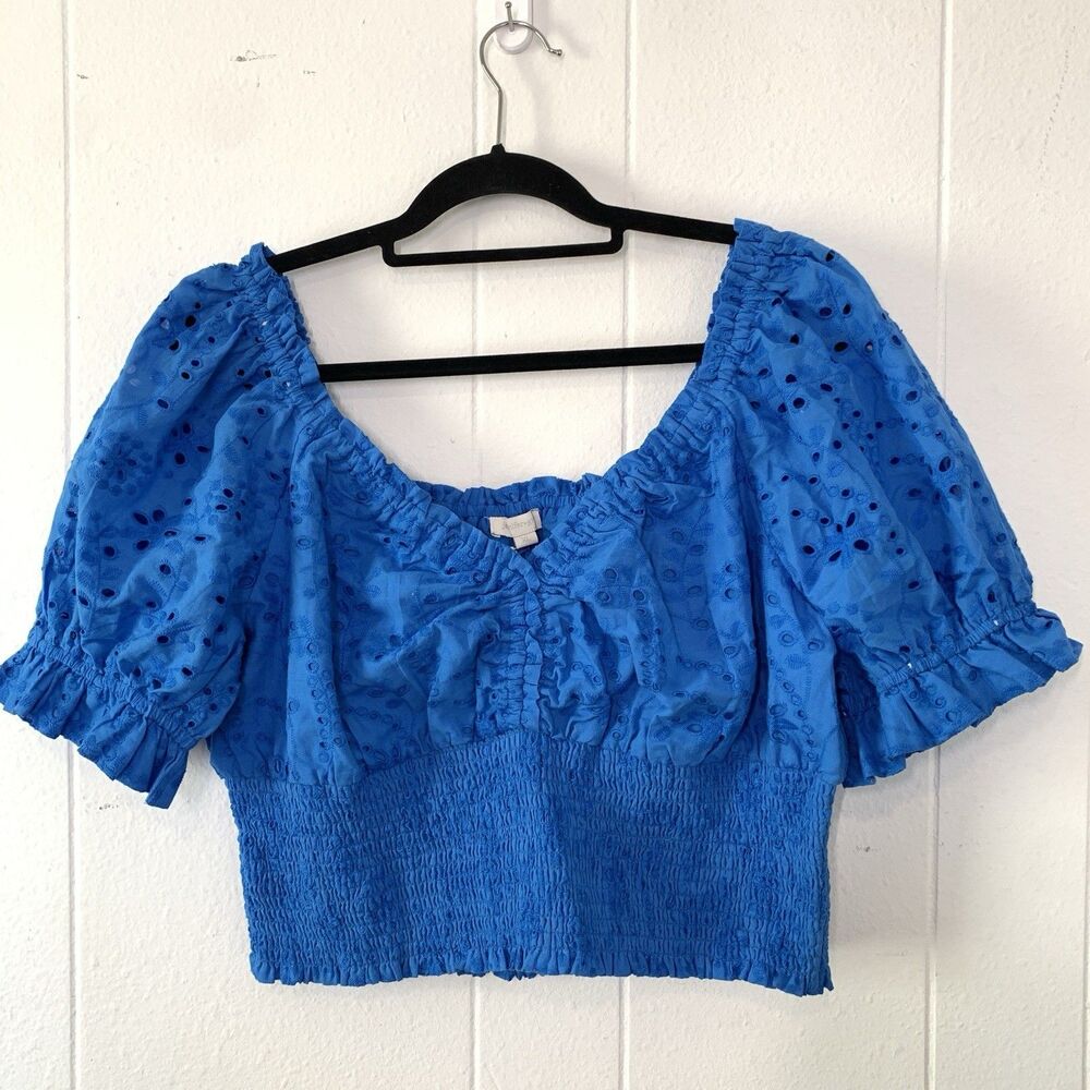 Jennifer Grace Womens XL Crop Top Eyelet Peasant Puff Sleeve Blue Cottagecore